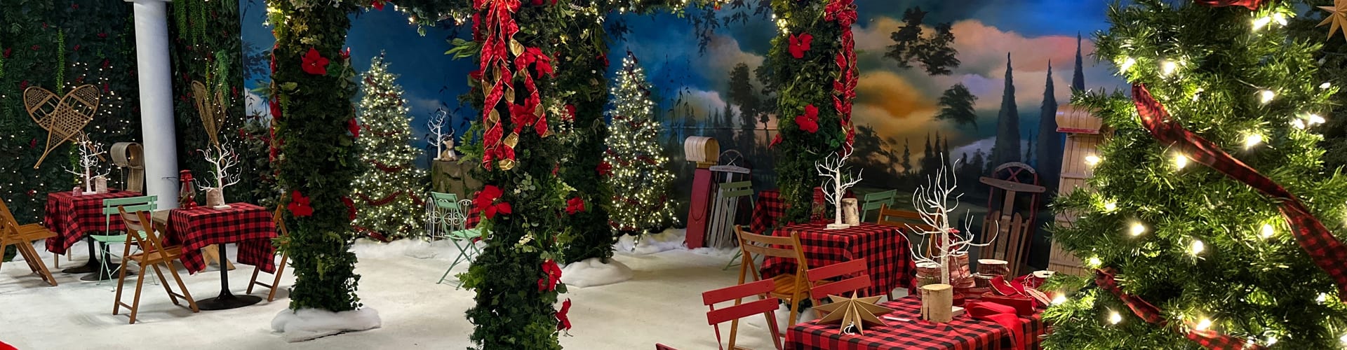 Festive Christmas market with glowing lights and holiday crowds
